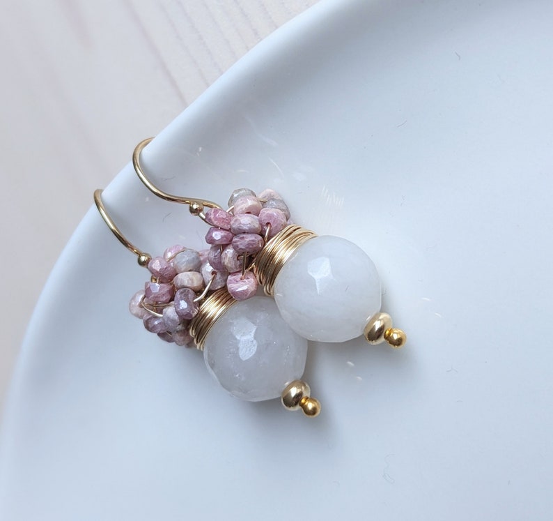 White Agate and cluster of strawberry Sapphire earrings, October and June birthday stone earrings. Gold filled earrings. image 7