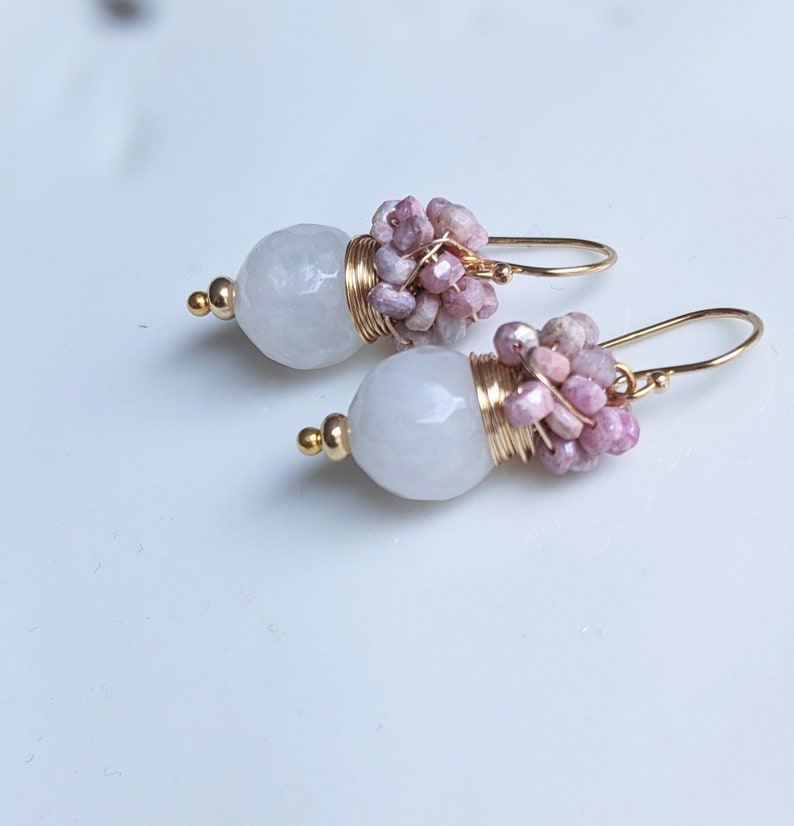 White Agate and cluster of strawberry Sapphire earrings, October and June birthday stone earrings. Gold filled earrings. image 8