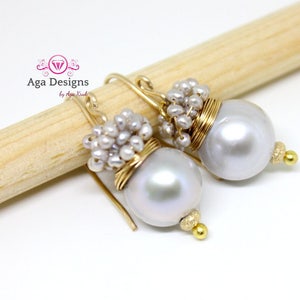 Freshwater Pearl earrings, earrings with big silver fresh water pearl and silver seed pearls image 3