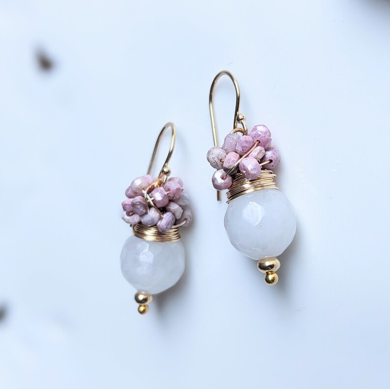 White Agate and cluster of strawberry Sapphire earrings, October and June birthday stone earrings. Gold filled earrings. image 4