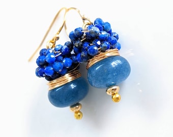 Lapis, Chalcedony Stones earrings, SEPTEMBER birthday stone earrings. Gold filled earrings, cluster earrings, wire wrapped earrings