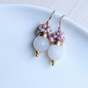 White Agate and cluster of strawberry Sapphire earrings, October and June birthday stone earrings. Gold filled earrings. image 3