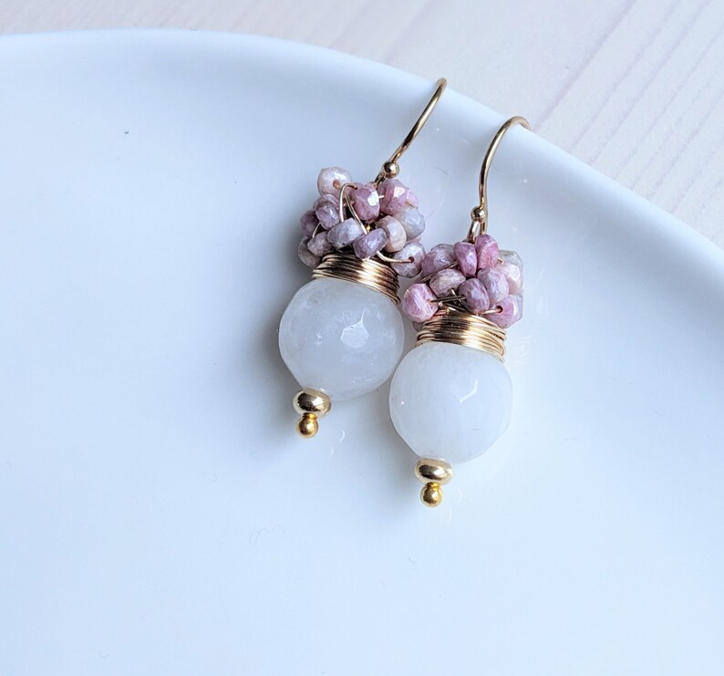 White Agate and cluster of strawberry Sapphire earrings, October and June birthday stone earrings. Gold filled earrings. image 3