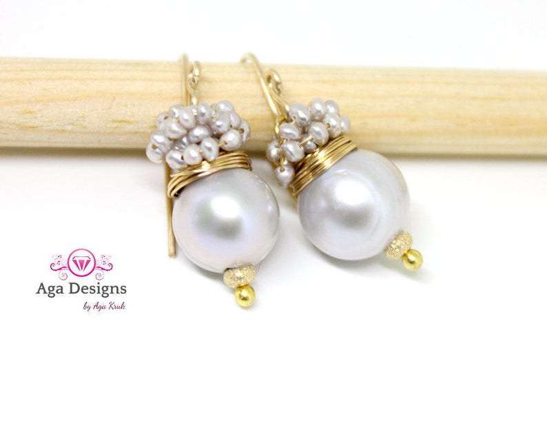 Freshwater Pearl earrings, earrings with big silver fresh water pearl and silver seed pearls image 4