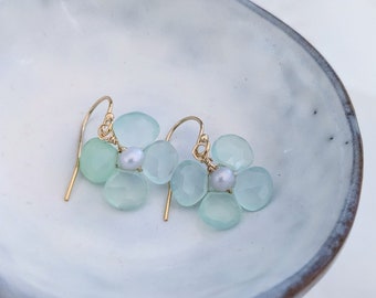 Mint Chalcedony stones with silver tiny fresh water pearl earrings. November birthday jewelry. Gold filled earrings, flower earrings.