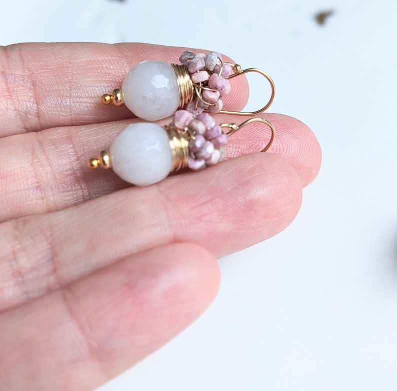 White Agate and cluster of strawberry Sapphire earrings, October and June birthday stone earrings. Gold filled earrings. image 9