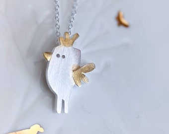 Bird necklace sterling silver with Vermeil accent. Pendant, delicate charm necklace.