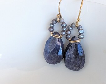 Azurite briolette with grey seed pearls earrings.  Gold filled earrings, cluster earrings, wire wrapped earrings