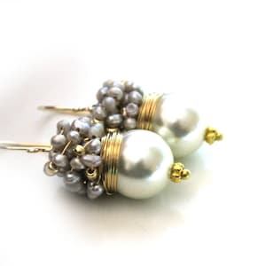 Wedding jewelry  - The Laurent in white- fresh earrings with white shell pearl and silver sea pearls