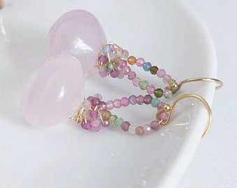 Bubble Gum Rose Quartz-Watermelon Tourmaline Beaded Earrings. Gold filled earrings, cluster earrings, wire wrapped earrings. Birthstone,gift