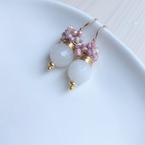 White Agate and cluster of strawberry Sapphire earrings, October and June birthday stone earrings. Gold filled earrings. image 6