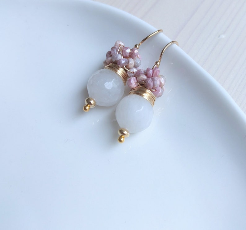 White Agate and cluster of strawberry Sapphire earrings, October and June birthday stone earrings. Gold filled earrings. image 6