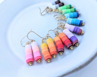 SET 7 pairs of Rainbow clay beads earrings. Gold filled ear wires, fun summer earrings