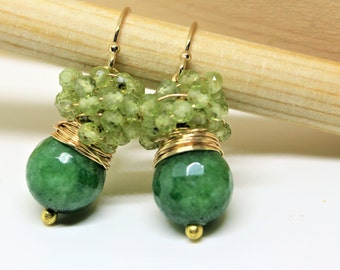 Faceted Emerald Jade earrings surrounded with tiny 2 mm Peridot Stones.August birthday stone earrings. Gold filled earrings, Emerald jewelry