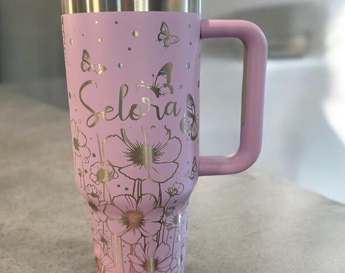 40oz Flower/Butterfly Tumbler, Personalized Engraved Tumblers, Personalized Gifts, 40oz Tumblers, 30oz Tumbler, Lasered Cups