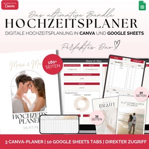 Könnte beinhalten: Ein digitales Hochzeits-Planer-Paket mit rosa Hintergrund. Das Paket beinhaltet 3 Canva-Planer und 10 Google Sheets-Tabs. Der Text auf dem Bild lautet "Das ultimative Bundle HOCHZEITSPLANER DIGITALE HOCHZEITSPLANUNG IN CANVA UND GOOGLE SHEETS Perfektes Duo" und "3 CANVA-PLANER | 10 GOOGLE SHEETS TABS | DIREKTER ZUGRIFF".