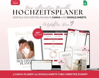 Puede incluir: Un paquete de planificadores de bodas digitales con fondo rosa. El paquete incluye 3 planificadores de Canva y 10 pestañas de Google Sheets. El texto en la imagen dice "Das ultimative Bundle HOCHZEITSPLANER DIGITALE HOCHZEITSPLANUNG IN CANVA UND GOOGLE SHEETS Perfektes Duo" y "3 CANVA-PLANER | 10 GOOGLE SHEETS TABS | DIREKTER ZUGRIFF".