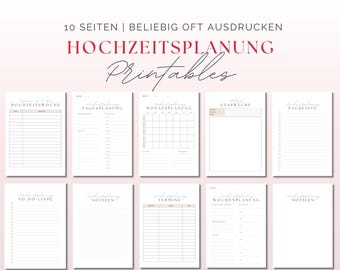 May include: Printable wedding planning checklist with 10 pages. The checklist includes sections for the wedding week, daily planning, monthly planning, appointments, to-do lists, notes, and a packing list.