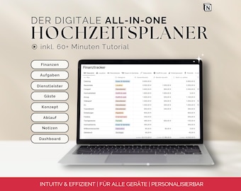 Puede incluir: Un ordenador portátil muestra una interfaz de planificador de bodas digital. La pantalla muestra un rastreador financiero con varias categorías. La imagen incluye texto en alemán, como "Finanzen" y "Aufgaben", y la frase "Digital All-in-One Wedding Planner".
