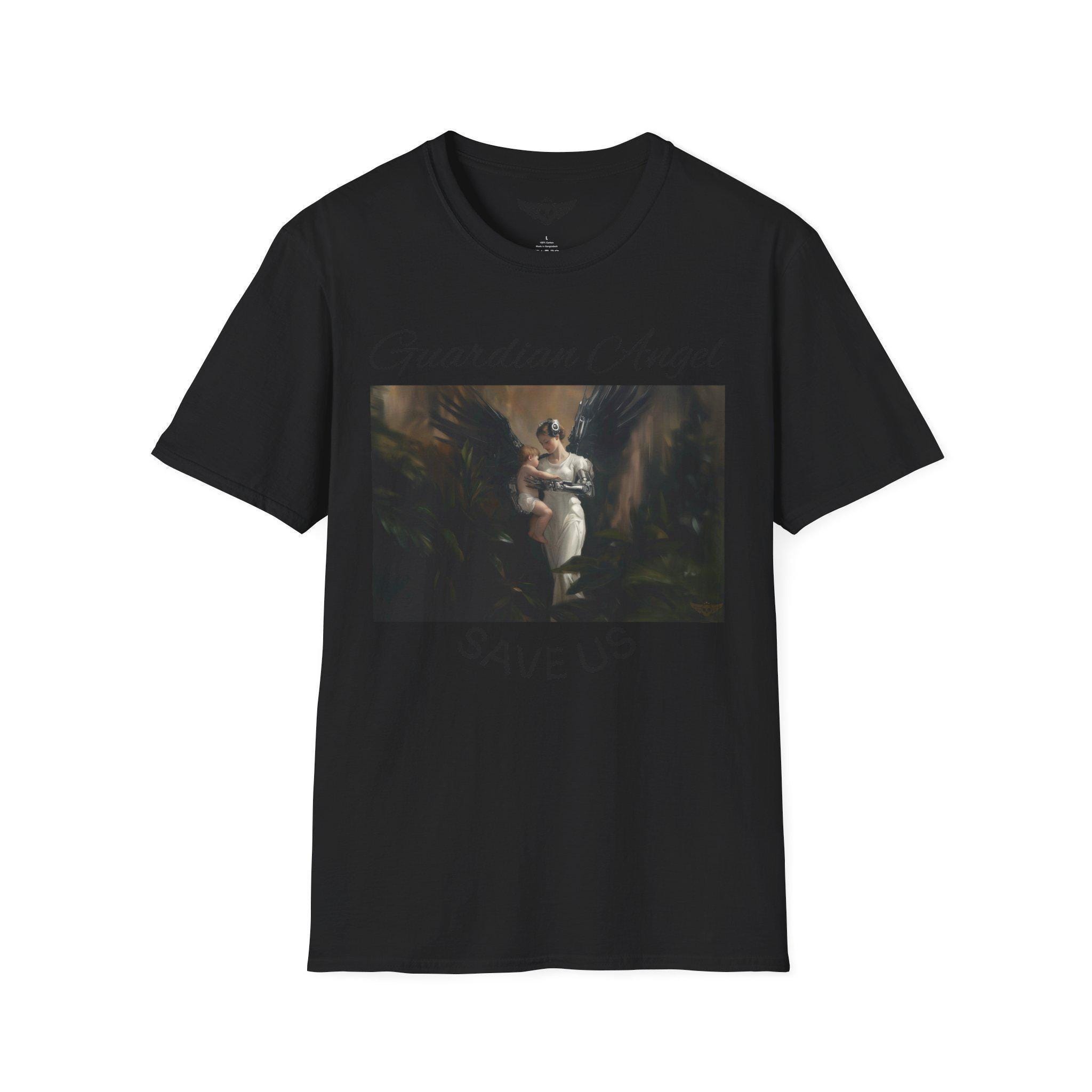 Cyborg, „Schutzengel rette uns“, Unisex Softstyle T-Shirt, Limited Edition Tee, T-Shirt im Renaissance-Stil, Retro-Futuristisch, schwarze Tinte T