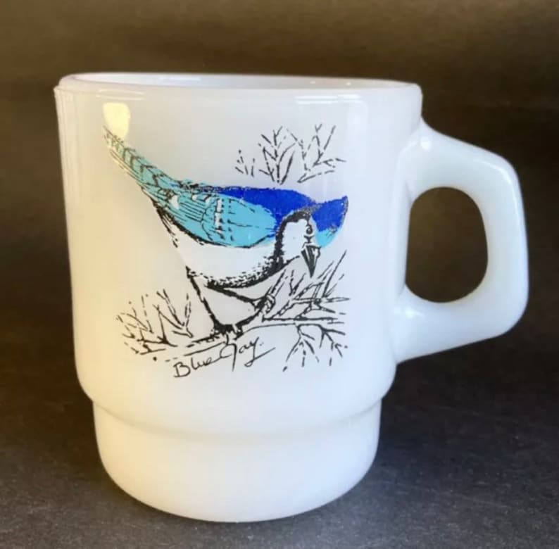 Vintage Fire King Cardinal & Blue Jay Bird D Handle Glass Mug image 0