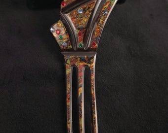 Art Deco Jeweled Multicolor Hair Comb 4 3/4" Long Vintage Plastic