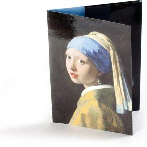 May include: A painting of a young woman with a blue and white headscarf and a pearl earring. She is wearing a yellow dress and looking to the right. The painting is set against a dark background.