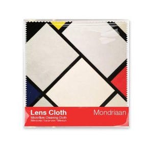 May include: A red, yellow, blue, and black geometric design lens cleaning cloth with the text "Lens Cloth" and "Mondriaan" printed on the bottom.