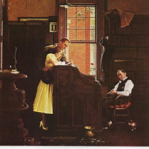 Licencja małżeńska (1955) - Norman Rockwell - wydruk artystyczny na ścianę, zabytkowa książka z lat 70. XX wieku