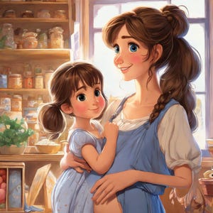 May include: A woman with long brown hair, wearing a blue overall dress, holds a young girl with brown hair in a blue dress. The woman is smiling and looking to the right, while the girl is looking at the camera and smiling.
