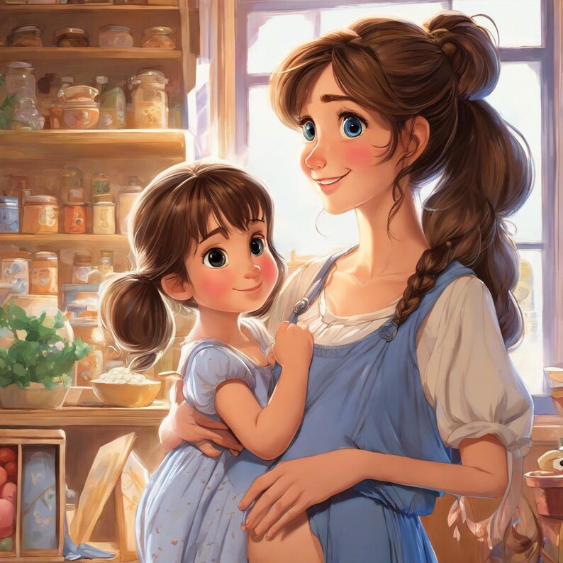 May include: A woman with long brown hair, wearing a blue overall dress, holds a young girl with brown hair in a blue dress. The woman is smiling and looking to the right, while the girl is looking at the camera and smiling.