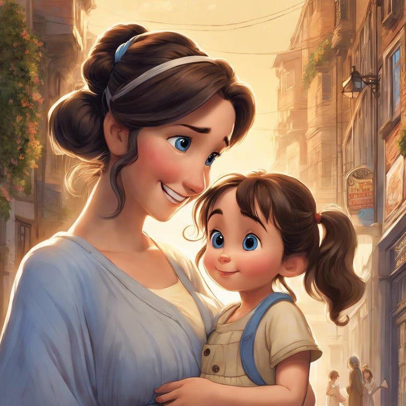 May include: A woman with brown hair and blue eyes smiles at a young girl with brown hair and blue eyes. The woman is wearing a light blue dress and the girl is wearing a light brown dress with a blue strap. They are standing in front of a building with a yellow facade.