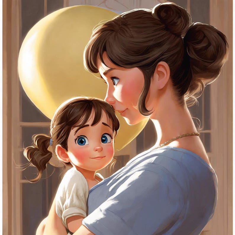 May include: A woman with brown hair in a bun holds a young girl with brown hair in her arms. The woman is wearing a light blue shirt and the girl is wearing a white shirt. The woman is smiling and looking at the girl. The girl is looking at the camera. There is a yellow balloon in the background.
