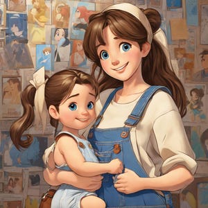 The image shows a young woman with brown hair, wearing an off-white shirt and blue overalls, holding a young girl in her arms.AI art,3Dpixar image 1