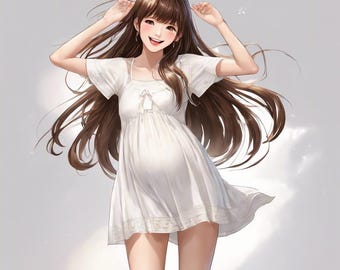 Pregnant woman wearing a cute short white dress.Ai art