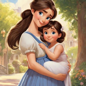May include: A woman with long brown hair is holding a young girl in her arms. The woman is wearing a blue dress and the girl is wearing a white dress. They are both smiling and looking at the camera. The background is a sunny day with trees and buildings.