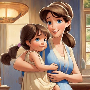 May include: A woman with brown hair and a blue dress is holding a young girl with brown hair in a cream-colored dress. The woman is smiling and looking at the camera. The girl is looking at the woman.