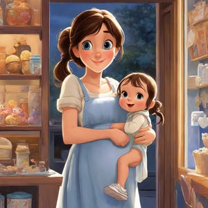 May include: A pregnant woman in a blue overall dress holds a young child in her arms. The woman is smiling and the child is looking at the camera. The woman is standing in front of a store with shelves filled with various items.