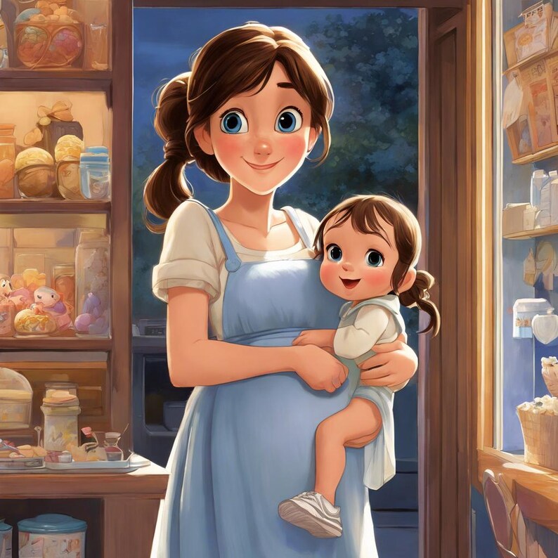 May include: A pregnant woman in a blue overall dress holds a young child in her arms. The woman is smiling and the child is looking at the camera. The woman is standing in front of a store with shelves filled with various items.