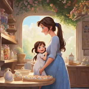 May include: A pregnant woman in a blue dress smiles at a young girl in a white dress. They are standing in a kitchen with shelves filled with jars of colorful candies. The girl is holding the woman's belly.
