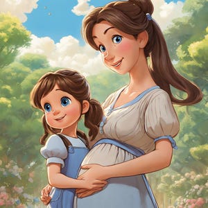 May include: A pregnant woman with long brown hair is standing in a field with a young girl. The woman is wearing a white dress with a blue trim and the girl is wearing a blue dress with a white bib. They are both smiling and looking at the camera.