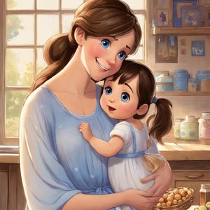 May include: A mother and daughter are hugging in a kitchen. The mother is wearing a light blue dress and the daughter is wearing a white dress with a blue sash. They are both smiling.