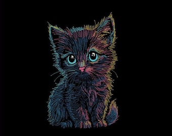 Diseño de bordado de gatito neón brillante: Patrón para máquina de coser de gatito (descarga digital, 7 tamaños)