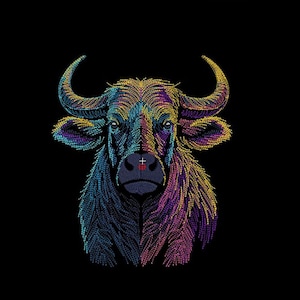 May include: A colorful illustration of a bull's head against a black background. The bull is depicted with a mosaic-like design, using shades of blue, purple, yellow, and orange. The horns curve upwards, and the eyes are detailed.