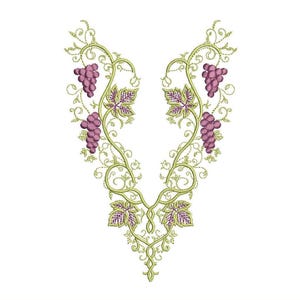 Pode incluir: Design bordado de videira. Apresenta cachos de uvas roxas, folhas verdes com detalhes roxos e gavinhas. O bordado utiliza fios verdes, roxos e brancos, criando um padrão detalhado e elegante, ideal para decoração têxtil.