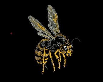 May include: Embroidered design of a bee with yellow and black details on a black background. The bee has detailed wings and legs, with a focus on the intricate embroidery work. The design is a close-up, showcasing the texture and craftsmanship.