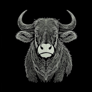 May include: Embroidered image of a bull's head, featuring a detailed design in shades of gray and white against a black background. The bull has large, curved horns and a textured, fur-like appearance, creating a striking contrast.