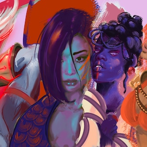 May include: Digital illustration of four diverse figures with stylized features. The figures have varying skin tones and hair colors, with bold makeup and armor-like accents. The color palette includes shades of red, blue, orange, and purple.