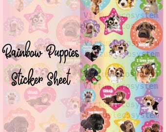 Rainbow Puppies Sticker Sheet || Sticker Deco Penpal dog Journal Heisei retro