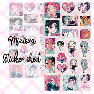 May include: A sticker sheet featuring various anime-style illustrations of characters with pink, black, and green hair. The sheet includes images of characters reading, in heart shapes, and holding objects. The text "Mizisua Sticker sheet" is written on the sheet.